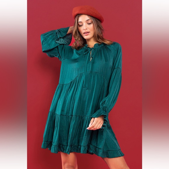 01 Washed Satin Tie Front Tiered Flowy Dress - Picture 3 of 5